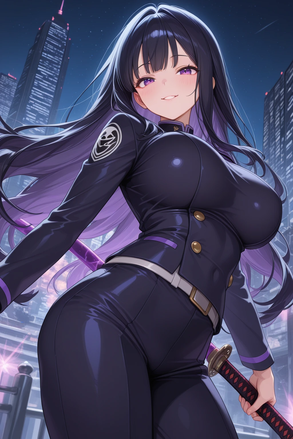 1girl, medium breasts, leotard, bare legs, gloves, boots, superhero, standing, hands on hip, city backdrop, (beautiful detailed eyes:1.6), (perfect hands, perfect anatomy), reina kousaka, smile, long hair
