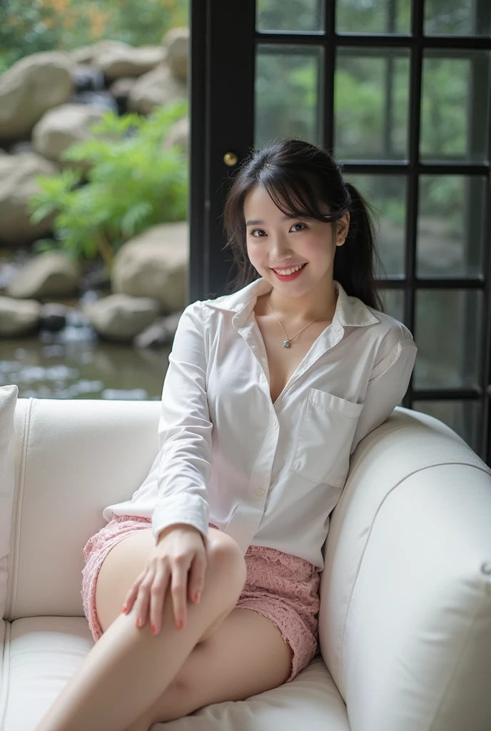 (Masterpiece, Professional lighting, 16K, 8k wallpaper, raw photo, photorealistic:1.8, ultra detailed, natural gentle lighting, detailed skin, detailed face, detailed eyes, textured skins, cinematic composition, detailed background:1.2 ), (High school girl inside auditorium:1.4, luxury furniture, Japanese highschool uniform:1.1 cleavage), looking at viewer, Shy face, laughing , smiling, embarrassed, grin:0.7, silky skins, no makeup, glossy lips, group shot, (identical , blouse, see through:0.9), (naked :0.3), ((attractive feminine body)), laced bra, silky panties, ((wearing identical seifuku, spread legs, pleated skirt, black stockings, blouse, see through, roafur)), STRAIGHT ponytail, long hair, Nude, nipples visible, genitalia visible, not wearing bra, not wearing panties, lying on bed, viewer can see female genitalia and nipples, front, provocative smile on viewer's face, Full body figure, baby face, Bold Pose, Big breasts, Crotch open, Squatting cowgirl, Slender body, cute, Beauty