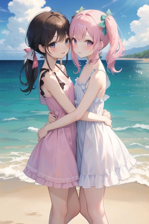 highest quality、High resolution、Detailed Background、(Beautiful face in every detail:1.4)、Anatomically correct、(Detailed facial expressions)、Teenage beauty、(Highly detailed face:1.4)、cute hair color、cute hairstyle、Braided bob cut、Braided Ponytail、Braided twin tails、Overflowing with kindness and cuteness、
(Girls enjoying a fun and lively swim in the sea:1.5)、
Running along the beach while feeling the sea breeze、A girlish smile bounces、
Friends walking hand in hand along the shore、
Although a little shy, they chatted happily.、
Blue sea and white sand beach、Wrapped in pleasant sunlight、
It's lovely to see them splashing around and playing.、
Lie down comfortably、Her eyes gazing at the sea are sparkling、
I couldn't help but smile at the sight of them.、
Feeling the sea breeze, my heart becomes clear、
The best memories are the time you spend together、
The bikini is a classic style that accentuates femininity.、The top is decorated with frills and ribbons.、Chopped pants and flared skirts are also popular bottoms.、
The one-piece swimsuit is also very cute.、Ribbon and lace on the front、Details such as the open back are distinctive.、fit&Flared silhouette for a feminine look、
Ruffles and fringes、Swimsuits decorated with jewels are also fashionable.、
pink、light blue、Bright colors such as yellow、Calm navy and burgundy、Feminine design and vibrant colors、cute