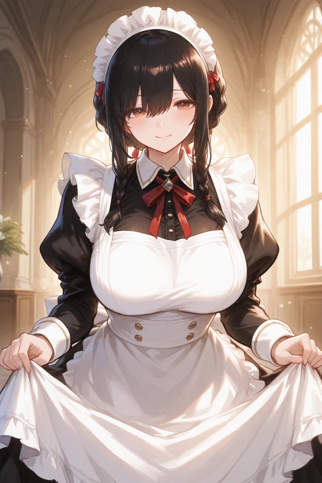 (in hotel, masterpiece, best quality:1.2), maid, 1girl, (holding baby, hold infant), waving hair, ((dark side, elbow gloves))