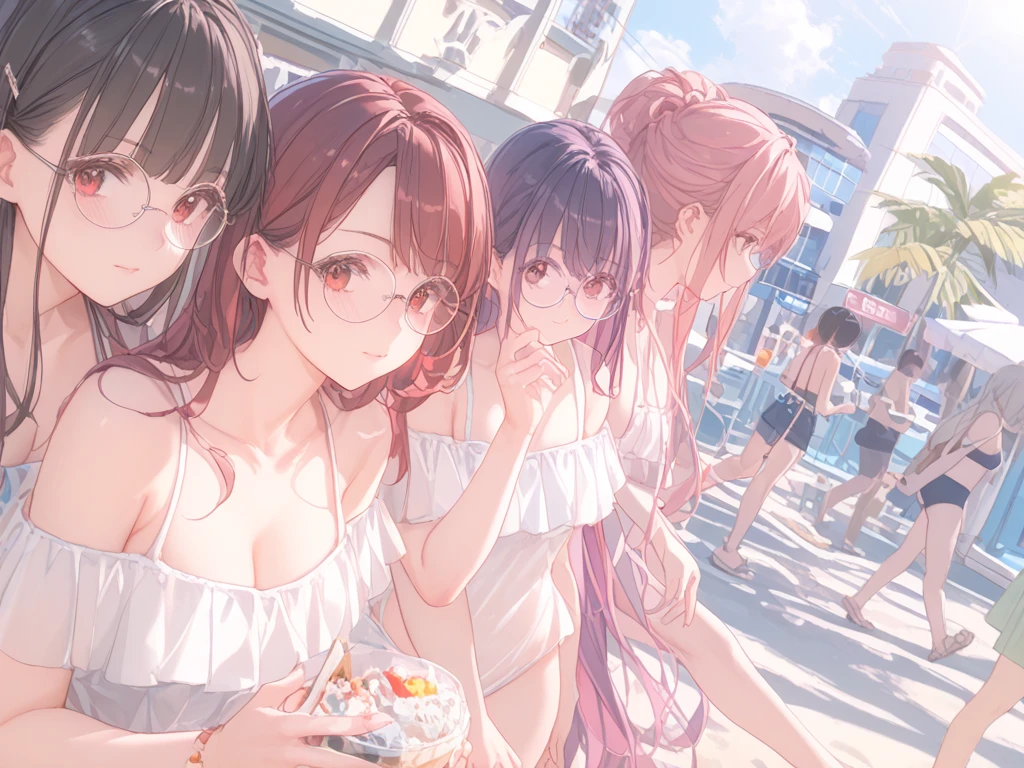 pool party, 
(((Illustration of beautiful 3 girl having fun by the pool with cocktail glasses in their hands, party people))), szn, 1girl, short , long hair, single braid, sidelocks, parted bangs, 
((Balloons of various colors floating on the surface of the pool)), neon sign and neon lights, Vivid contrasts, Accurate detail, High detail, Precision, Stunning beautiful touch rendering, Party people, Masterpiece, best quality
