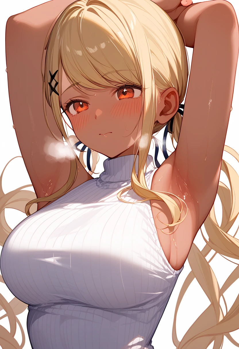 optimum，tmasterpiece，hight resolution，best qualtiy，hyper HD，super detailing，awardwinning，16 K，独奏，（The upper part of the body），anatomy correct，Beautiful cyberpunk girl，cowboy  shot、cute  face，，a blond、Longhaire、Twin-tailed、Braids, Hairline，（（scarlet eyes）），long eyelasher，Hanging eye corners，White skin of the，Shooting from below, ((white t-shirts:1.5)), ((Sheer nipples))、Rocket Tits, （Slim body），