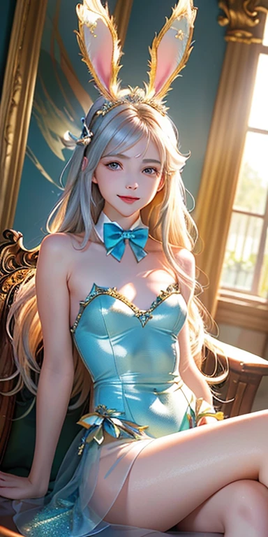 masterpiece, best quality, extremely detailed CG unity 8k wallpaper, (Upper Body head close-up shot of a beautiful little girl), , Elegant Long straight blonde hair, (Mckenna Grace), (flat chest,thighs), (red-blue) golden (Glittering tutu,long Bunny Ear Headgear, , Bow-tie, No panties, genitals visible), (spread legs), (Blush), oil skin, (seductive smile), (Wonderland), pretty face, key art, award winning, intricate detail realism hdr, by (ruan jia and artgerm and range murata), Photorealism, Hyperrealism, ultra realistic, dramatic light, intense shadows, gorgeous view, depth of field