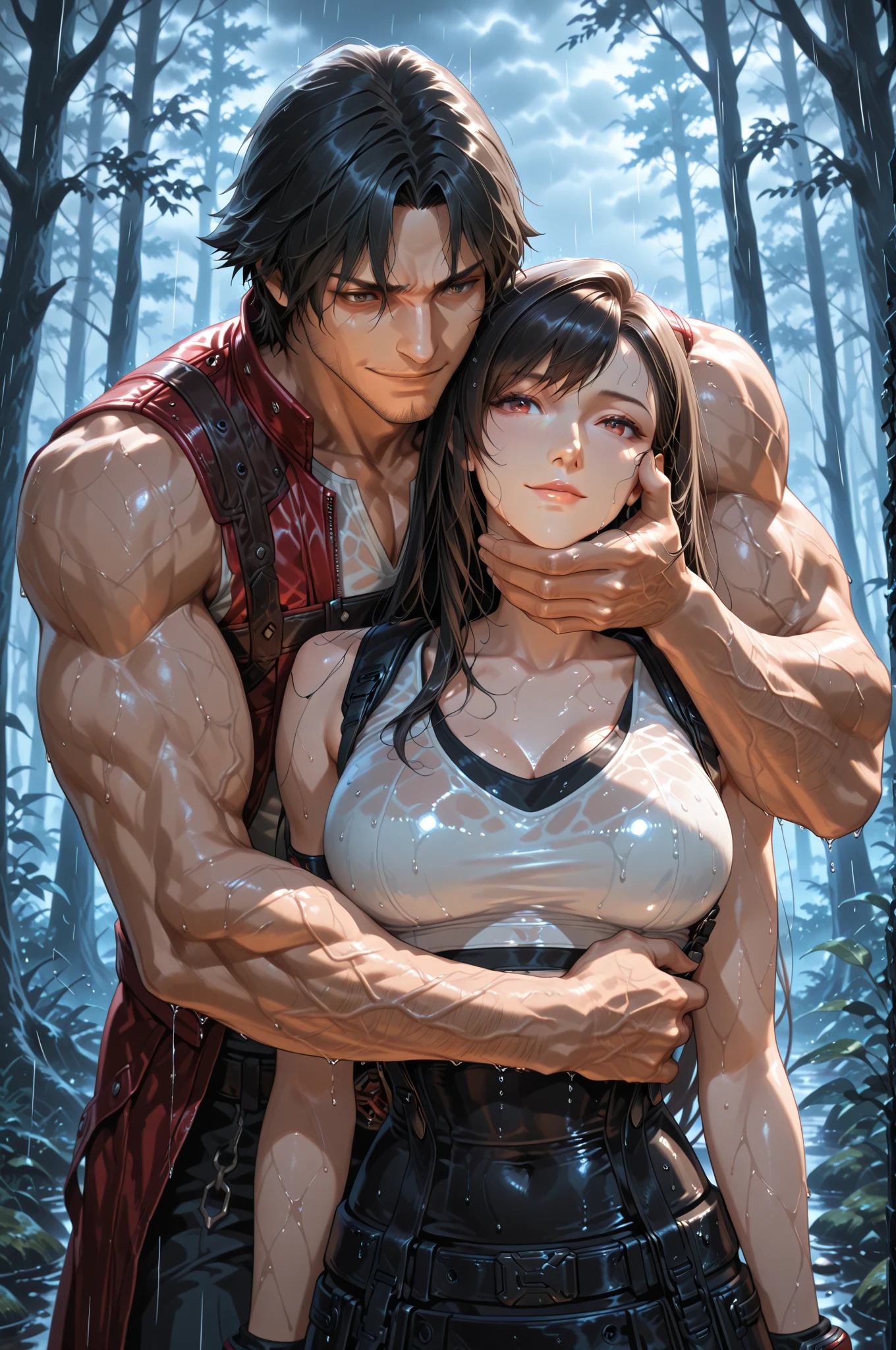 (8K、RAW shooting、highest quality、master piece:1.2)、Super detailed、super resolution、(real、real:1.37)、Portrait、High-definition RAW color photo、professional photography、highly detailed face、 highly detailed body、 perfect anatomy、detailed background、(((1people Girl and the Demon King1people)))、(20:1.2)、20th generation、pretty girl、Realistic body shape、、White skin、glowing skin、slim body、black hair、((short hair))、(neat bangs: 1.4)、cute face、real-looking face、delicate eyes、Drooping eyes、((jungle))、((Captive Woman))、(((No bra)))、(((whiteYshirt)))、(((The woman's shirt was removed、a woman's breasts are exposed.)))、((Black panties))、((Woman with wide open legs))、((standing posture))、((tough demon king:1.5))、((Demon king hugging a woman from behind、Grabbing a woman's breast))、((the devil is naked))、((the rope tied her body))、wet body、((Rough rope digging into my crotch))、((A large amount of liquid flows out from the crotch))、((both hands tied))、((restraint))、((the devil puts his hand inside the woman''s crotch))、earrings、necklace、bracelet、((face turned to the side))、((Woman closing her eyes and yawning loudly))、((look at the devil))、contrapo、dynamic lighting、((Firm D cup))、((cleavage))、((look behind you))、((Anguished expression))、