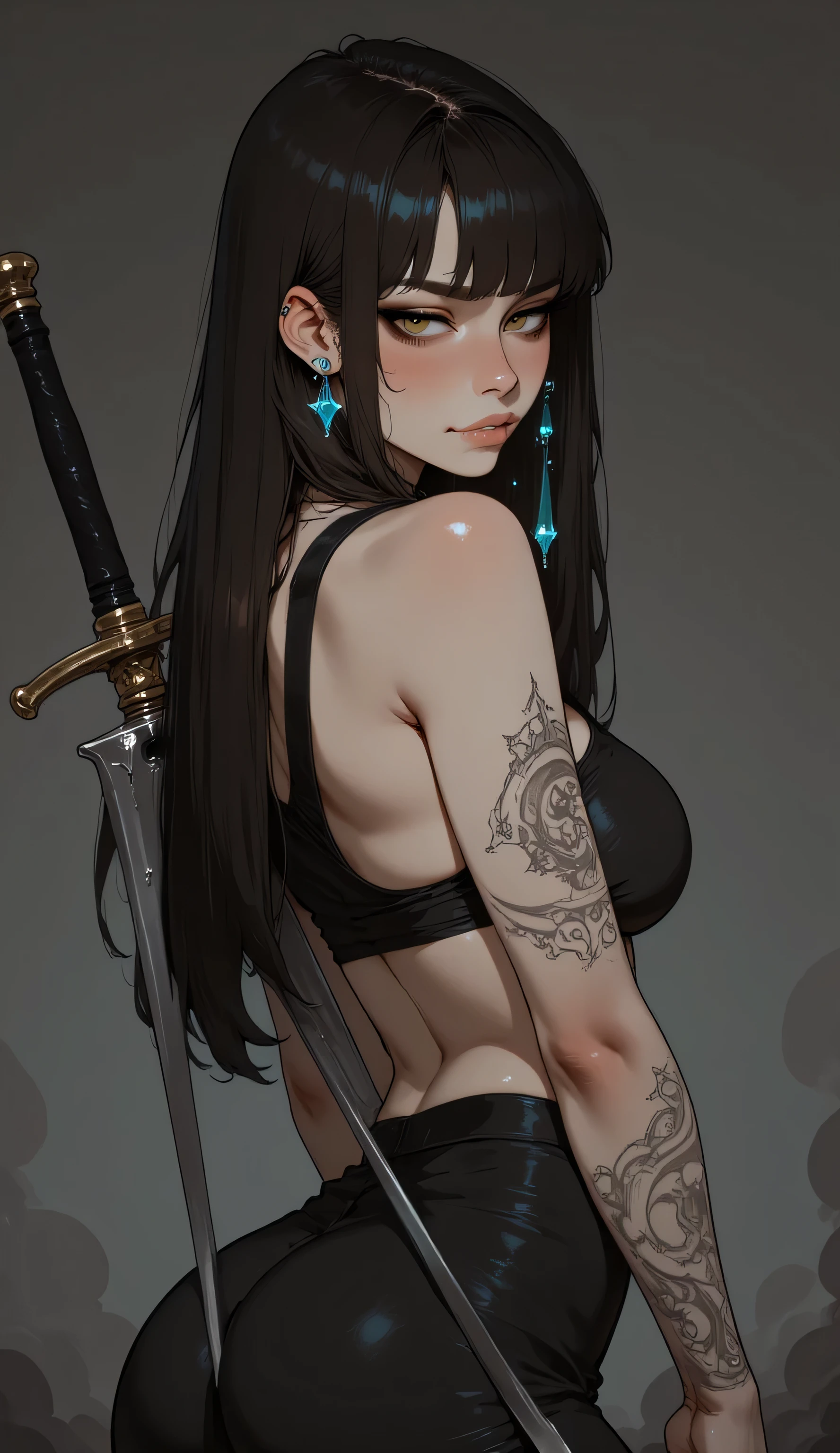 Score_9, score_8_up, score_7_up, A highly detailed artwork in the fantasy genre Luis Royo style using digital painting techniques. It features a woman with long, flowing black hair adorned with small, glowing crystals that hang from her head. She has fair skin and a slender physique, with a prominent navel piercing and intricate tattoos covering her arms and torso. She is wearing a black, sleeveless top that reveals her midriff, and black, skirt. Her expression is intense, with a slight smile, and she holds two long, sharp swords behind her back, their hilts decorated with intricate carvings. The background is a gradient of dark to light gray, with subtle hints of mist or smoke, giving a mystical, ethereal feel. The textures are finely detailed, from the smoothness of her skin to the roughness of the swords and the softness of her hair. The overall color palette is muted with shades of gray, black, and white, enhancing the mysterious and otherworldly atmosphere. The artwork combines elements of fantasy and gothic styles, with a focus on intricate details and a sense of depth and movement.