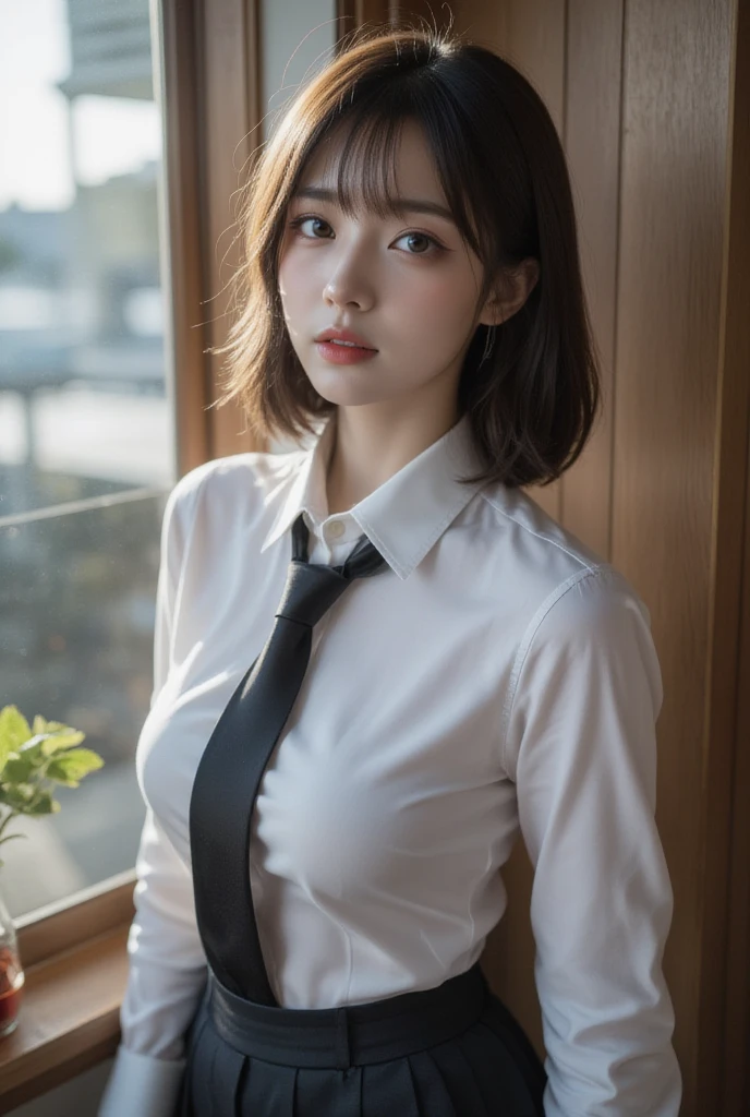 top-quality, ​masterpiece, hight resolution, Photorealsitic, profetional lighting, ighly detailed, depth of fields, ((A beautiful mature)), ((30years old)), Female sexy, ‎Classroom, ((white half sleeve shirt, pencil suit)), Detailed face, beautidful eyes, bangs, large breasts of good shape, Light Brown Straight Hair, makeup:0.1, ((look at the viewer, Serious)), cowboy  shot, sharp,