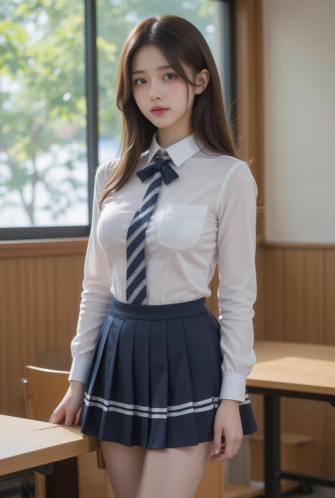 (((8k、High resolution、Highest quality、High resolution)))alone、Natural body shape、White skin、Natural Makeup、((Black Hair、bangs、Straight Long Hair))、((()))、Sitting、(:1.4)、(())、(((((Full body photo)))))、(((Looking into the camera)))、(((Wear a uniform on the upper body)))、Bedroom、(((Of high school))) 、((white collared long sleeve blouse))、((Beige cardigan))、((Pleated skirt with dark blue plaid pattern、mini skirt、Ultra-realistic pantyhose))、、、Expressionless、((Exposing your thighs)), Beautiful mature woman