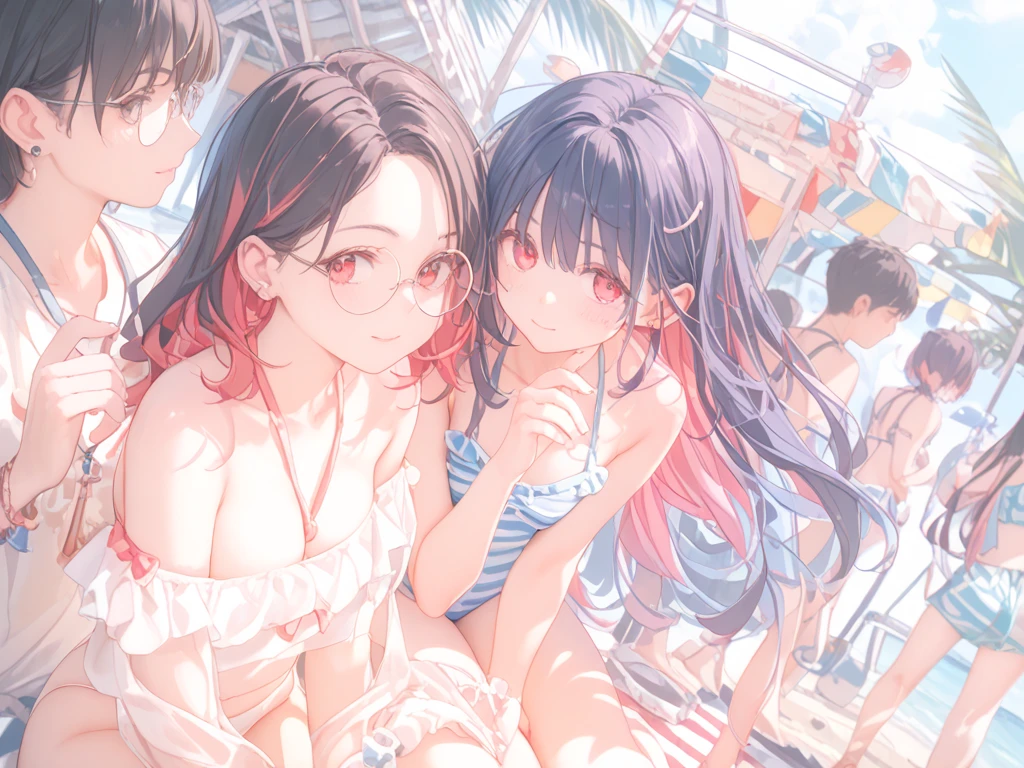 Super detailed, best quality, High resolution, Moe anime, ((((Three cute little girls with black hair and big round glasses hug each other.)))), (baby face), (Big eyes:1.5), dark blue eyes, cute eyes, detailed eye description, brilliance of eyes, view audience, pale skin, (((petite))), NSFW,  ((Sheer white micro bikini top, Lower body is naked)), Nipples are showing through, at the pool