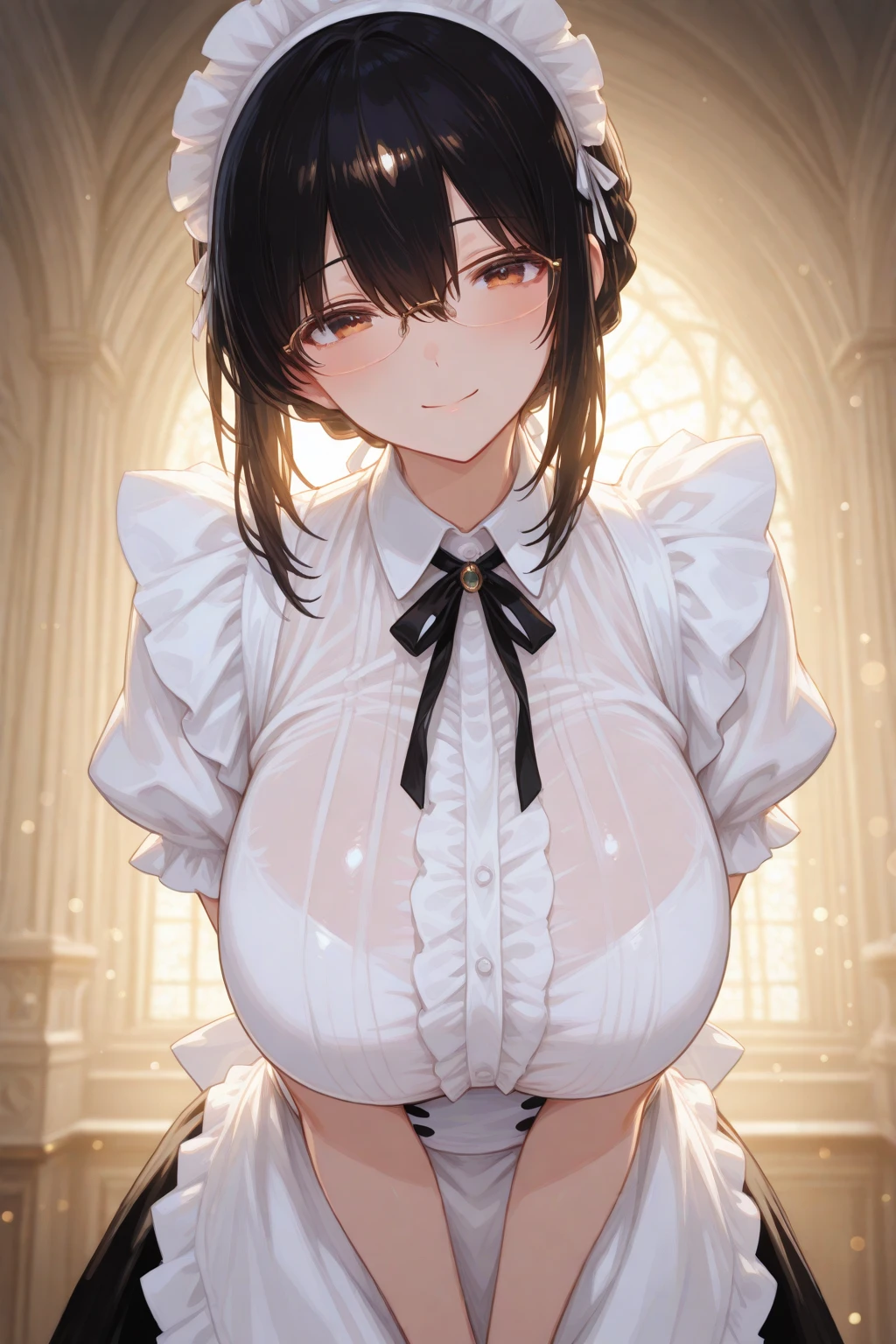 score_9, score_8_up, score_7_up, source_anime, 1girl, black hair, brown eyes, medium hair, cat ears, large breasts, eyeglasses, micro bikini maid, headdress, blouse, skirt, apron, areola, light smile, private room, mansion,
