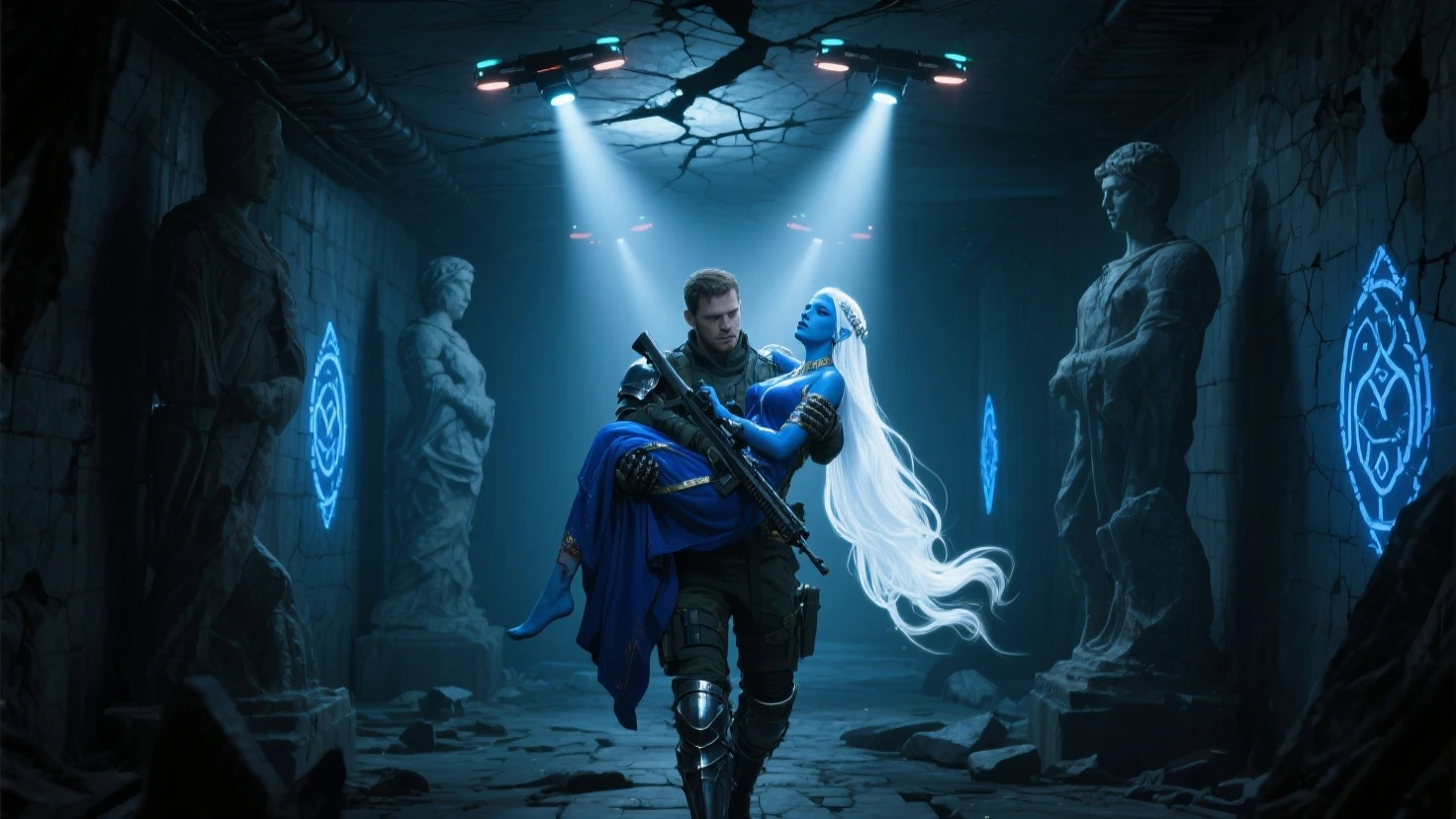 One super-hero with a blue outfit fights a black-masked villain in a post-apocalyptic world, surrounded by zombies and explosions while a meteor rain falls around them --auto --s2