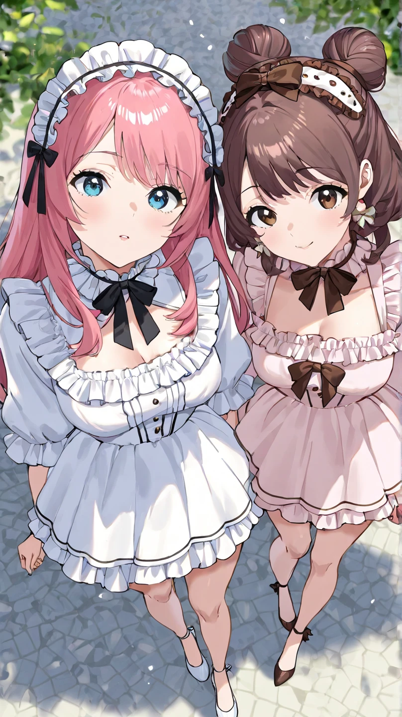 Anime girl, brown skin, thick, cute, long curly brown hair with bangs, brown eyes, pastel coquette dress aesthetic