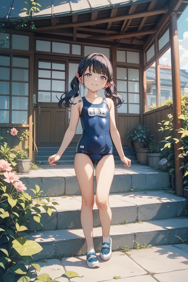 ((top-quality))、((masterpiece))、girl with、Formal-up、a blond、Blue eyes、gals、beautiful detailed eyes and face、pretty skin、Realistic、a very cute、18year old、School swim wear(Dark blue color、Simple design、Matte texture、Wrinkle、Wet、Polyester material、shadings、)Wet body、Anime Face、Beautie、Facing the front、big eye(Beautiful fece、Anime Face、Clear eyes、Fine details、beautidful eyes)Well-formed face(Beautiful nasal muscles、Perplexed、sharp mouth)full of sweat、sodden、Wet feeling、Background with(sunny sky、takeout)、8K picture quality、perfectly proportions、A slender、red blush、female focus on, hair adornments,length hair, Look at viewers,pissing、お漏らし、pee、getting wet