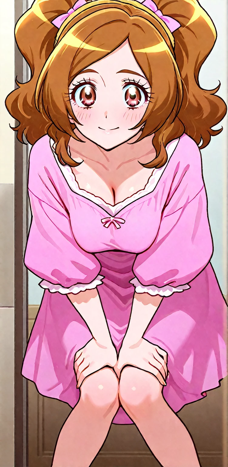 (Top quality, 8K, Masterpiece: 1.2), anime art style, Super detailed, Illustration, Yuigahama Yui's mother, 30's body, large medium breasts, adult, Mature look, orange eyes, open mouth, smile, between the eyes, 1 girl, bun hair , shiny hair, focus only, looking at the viewer, alone,(negligee, cleavage, bed), stylish pose, stylish angle, in the center of the image, cowboy shot