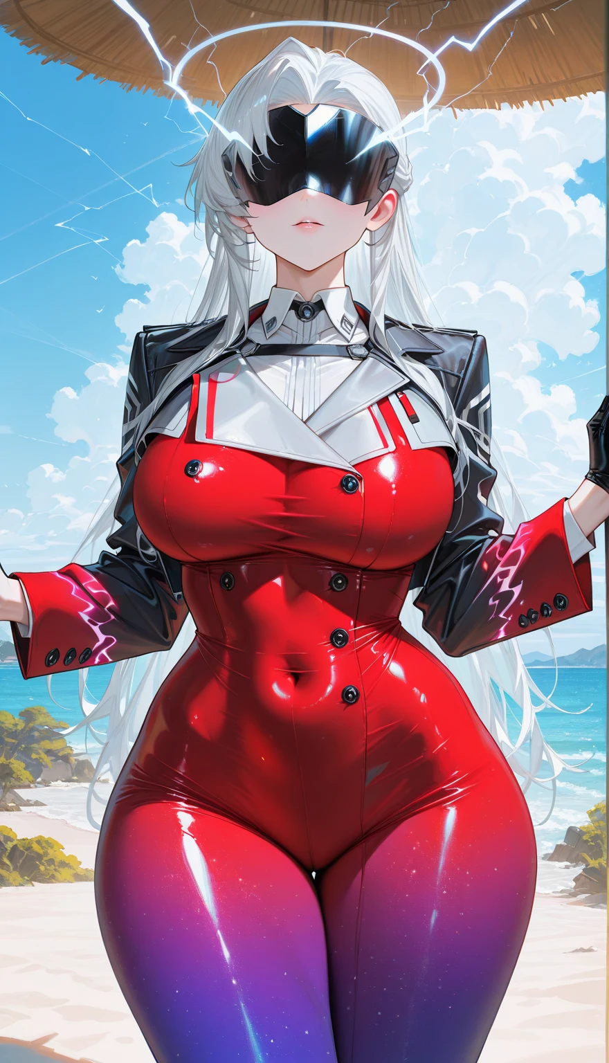1girl, white hair, long hair, red eyes, serious, glowing eyes, large breasts, thick thighs, mature female, athletic female, toned, leotard, black leotard, knife, fur trim, fur, fur-trimmed jacket