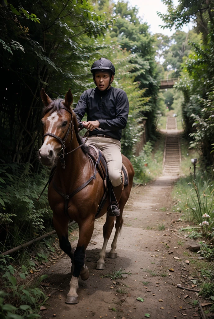 a boy rides a horse in the forest