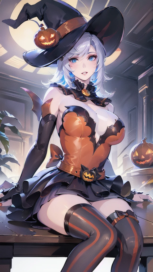 top-quality、Top image quality、​masterpiece、teens girl((18year old,Black Wizard Hat、Black and orange sexy clothes,Orange and black skirt、Orange muffler,Best Bust、Bust 85、blonde  hair、Longhaire,silver eye、open chest wide、Valley、Happiness、A slender、Blood coating、Emphasis on the chest、Bats tattoo、Wooden broom)）hiquality、Beautiful Art、Background with((natta、dark sky、Halloween at night、the bats、pumpkins,Nightmare、Halloween、in woods))、Depth(Beautiful black house),masutepiece、Elaborate design、visualart、high contract、The best lighting、highestdetailed