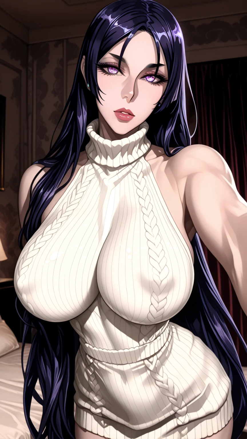 masterpiece, best quality,(Lolo Pechka),Black Hair, blue eyes,(Cowboy shooting),Lips,Jewelry, Solitary,  (((Large Breasts、Low-cut，Cleavage, Wide hips,)))(Long legs), Hoop Earrings, Black skirt, watch, Off-shoulder sweater, Pencil Skirt, clavicle, Large Breasts,(Complex details, Ultra Detailed), Blurred background,Depth of Field, best quality, masterpiece, Intricate details, Tone Mapping, Clear focus, Ultra Detailed, Popular on artstation,1 girl, high resolution, Official Art