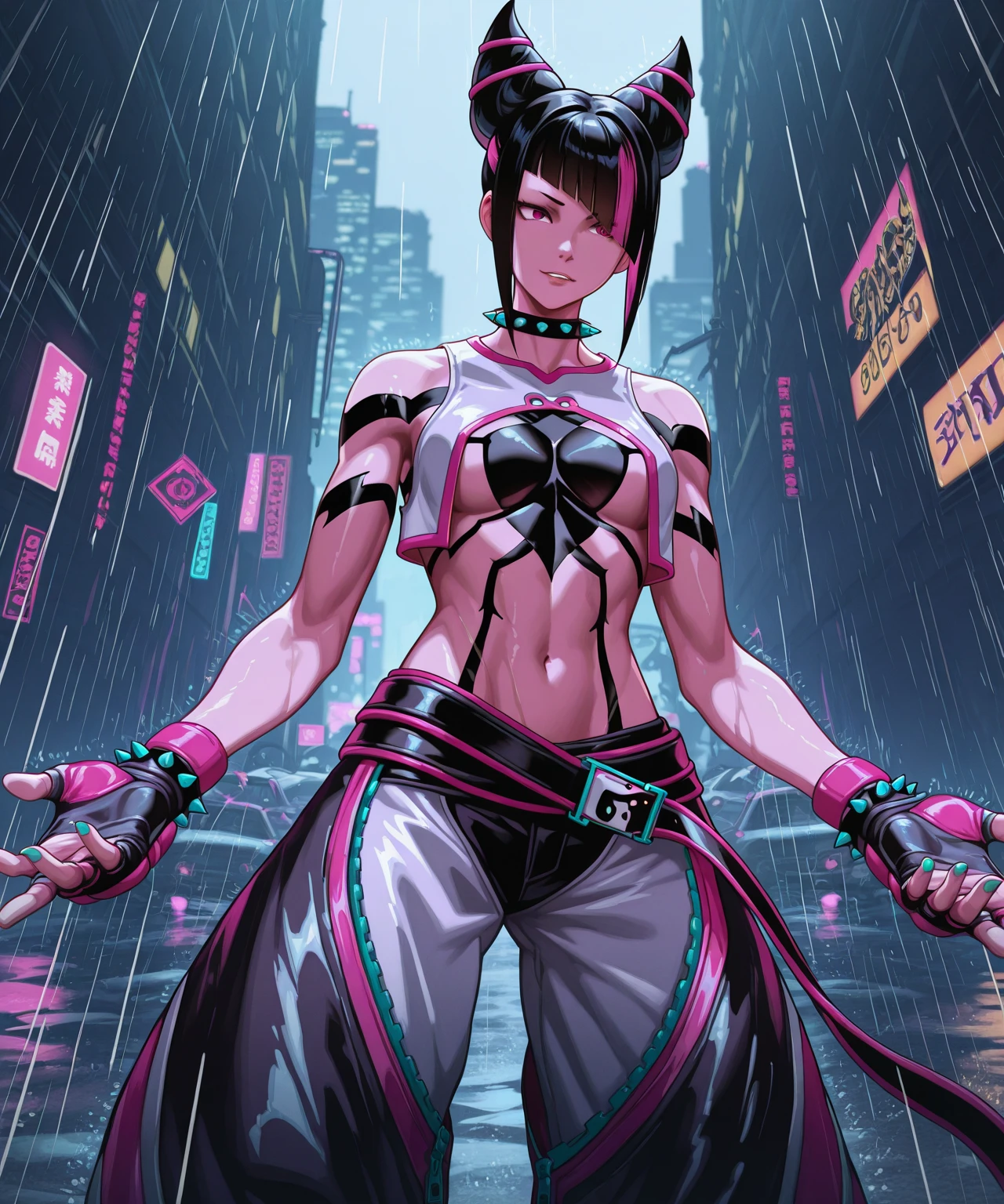 masterpiece, best quality, 1girl, JuriMS, sfvi, hair horns, multicolored hair, wide white pants, bangs,sadistic smile, seductive look, night, futuristic theme, full moon, detailed background, lighting, night, with moon,, full moon, rain, mountain, cloud, cyberpunk, synthwave, night sky, lights,close up, futuristic outfit, samurai neon, solo, cinematic lighting, detailed background, neon cyberpunk style, dreamlike, beautiful, futuristic, neo vibe city, neon lights, night