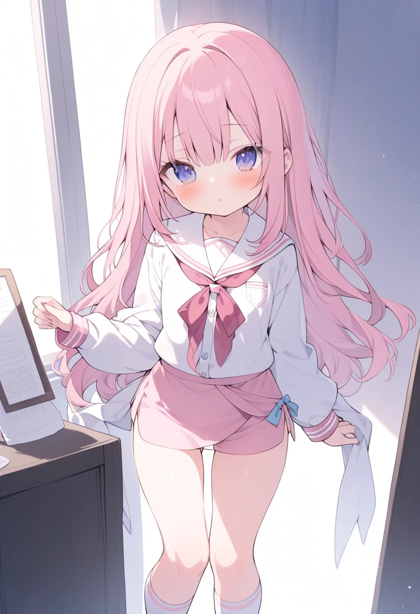 Best Quality,masutepiece，look down on, Upper body，Strands of hair,lightblue hair，white  hair，Pink hair,‎Classroom，tiny chest、red blush, Bow, Red bow, Long sleeves, Shirt, Collared shirt, Skirt, Pleated skirt, Black skirt, tiny chest、looking at the viewers, BREAK (masutepiece:1.2), Best Quality, High resolution, Unity 8k壁纸, (Illustration:0.8), (Beautiful detailed eyes:1.6), extra detailed face, Perfect Lighting, extremely details CG, (Perfect hands, Perfect Anatomy),A smile、(Skirt lift:1.3), (White panty:1.3)、(Skirt that rolls up:1.3)、(Fully exposed panties:1.5)，(Multiple girls)