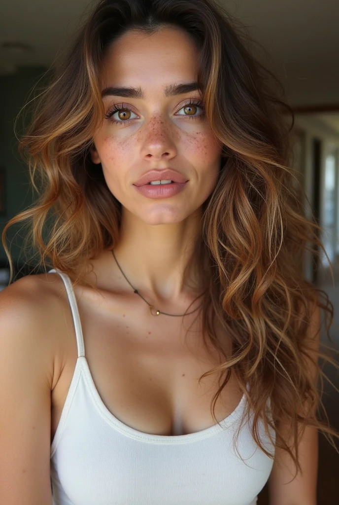 18 year old girl, juvenile skinny body, big saggy breasts, slim waist, pale skin, Influencer, dark eye makeup, smokey eyes, solo, looking at viewer, dark brown eyes, ash blonde hair, crowded tavern background, white transparent dress, deep neckline, bare shoulders, upper body, grey background, full lips, eyelashes, portrait, many light freckles, realistic, supermodel-like face, extremely deep neckline, busty, (freckles:1.05),(freckled cleavage:1.25)