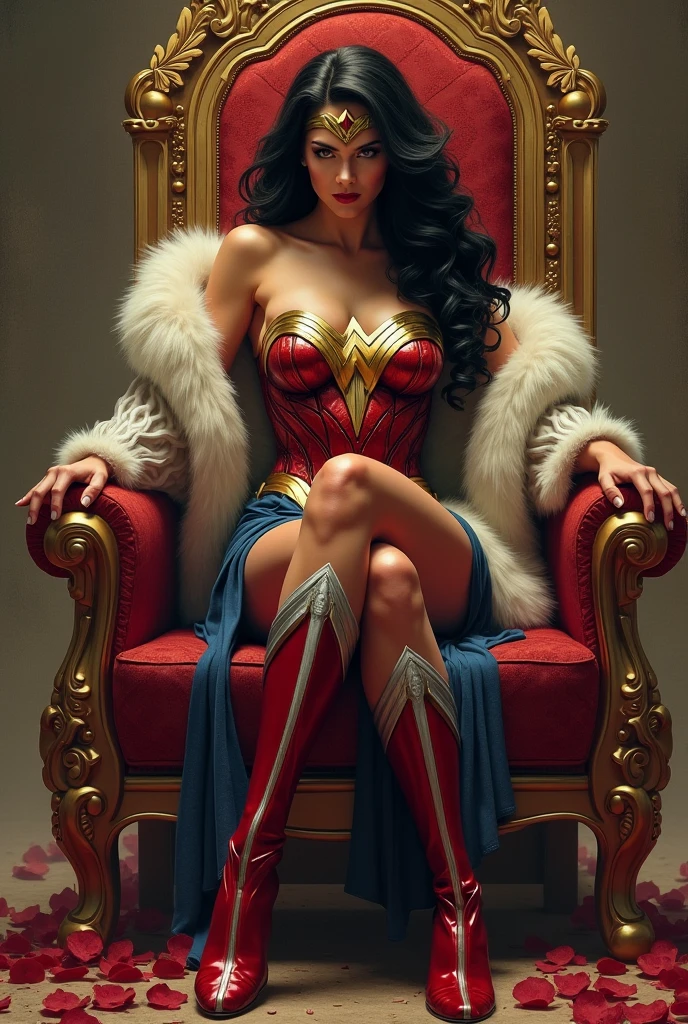 Best quality, Masterpiece, Ultra High Resolution, (Fidelity:1.2), (Realistic:1.3), Wonder Woman sitting on the iron throne, dressed in wonder woman costume, with legs spread, (spread legs:1.3), body wet with sweat, determined, serious, Wonder Woman, (Intricate Details, Makeup), (Delicate and Beautiful Delicate Face, Delicate and Beautiful Delicate Eyes, Face with Perfect Proportions), (Realistically wet Skin:0.8), Delicate Skin, Strong and Realistic Blue Eyes, Realistic Black Hair, Lips, Makeup, Natural Skin Texture, tiara, red and gold bustier, blue leotard with white stars, silver bracelets, (Red knee high boots:1.2), golden belt, (Wonder Woman clothing:1.1), bare shoulders, ((light tanned skin:0.8)), mature, sexy, elastic muscles, (muscles:1.2), ((strong and healthy body)), ((((more) muscles))), long legs, curves, (big breasts:1.3), thin waist, soft waist, (delicate skin), (beautiful and sexy woman), (swollen lips:0.9), (eyelashes:1.2), (long wavy black hair:1.1), feminine, detailed body, (detailed face:1.1), perfect body, perfect anatomy, perfect details, perfect fingers, Perfect limbs, thigh gap, mature, sexy, thick thighs, wide buttocks, (Sexually sedentary), very delicate muscles, whole body,