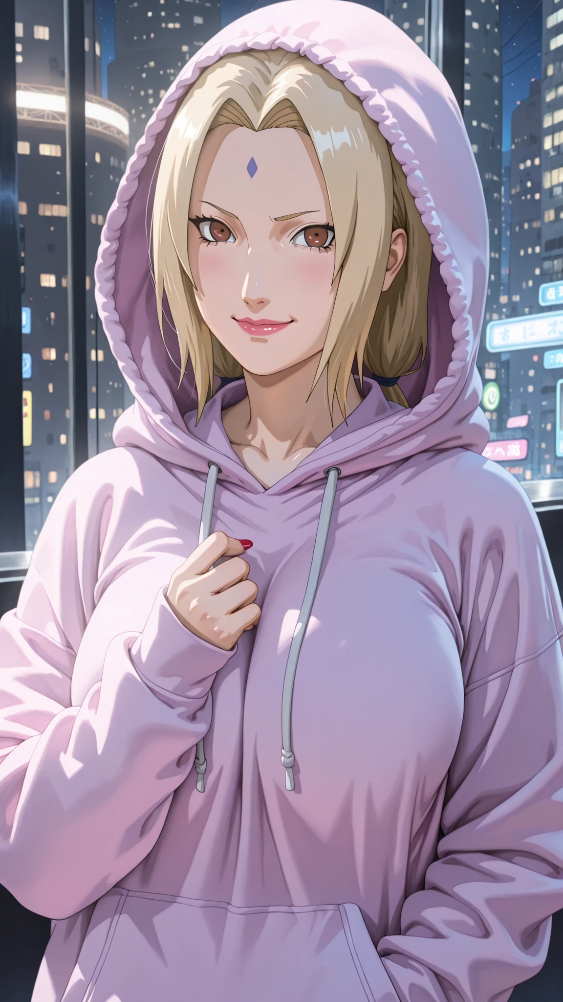 a woman with a purple hoodie and a white shirt, girl wearing hoodie, anime girl in real life, wearing an oversized hoodie, wearing hoodie, cute kawaii girl, wearing a pastel pink hoodie, cyberpunk anime girl in hoodie, style anime, black haired girl wearing hoodie, wearing a hoodie, wearing a pink hoodie, light purple, realistic young anime girl, ulzzang, big breats, big tits, smile girls, night in the city,  score_9,   score_8_   up,   score_7_   up,
ツ,    Raikage、Tsunade、Naruto、Mature Woman, alone, Tsunade  (   Naruto), (  Disconnect (Year )),  blondes,   Lost Tales   , Mark on the forehead,    brown eyes,   Big Breasts  ,    Shoulder-Out,    nail polish   , red nails,  3/4 length navy blue pants 、(RaikageとTsunadeがキス)
make   up, 
Serious, No々Kiss, 
    Night city background ,     city background,    perfect lighting  ,  From fully visible 、 off shoulder 、looking at viewer