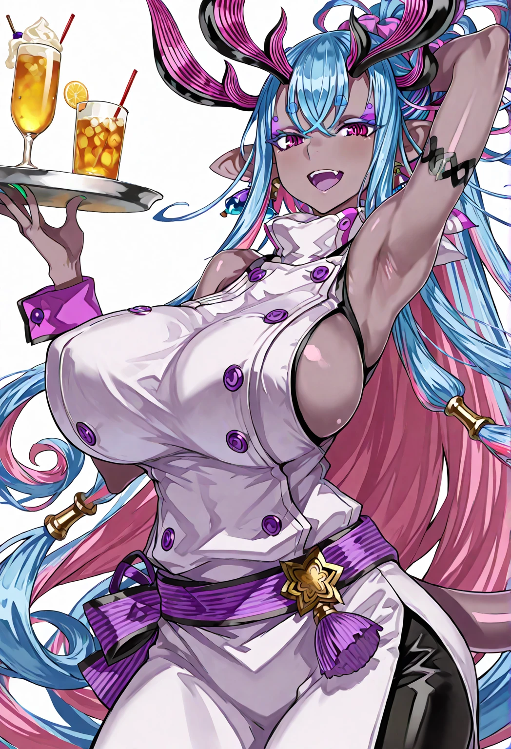 score_9,score_8_up,score_7_up,rating_explicit, source_anime, 1girl, solo, mejiro mcqueen \(umamusume\), huge sagging breast, deep cleavage, flashing tits, excited, looking at viewer, spiked choker, posing in bar, smug face, horny, drunk, inviting to join, microbikini, succubus tail, (horns), (purple skin:1.2), puffy nipples, tiefling woman