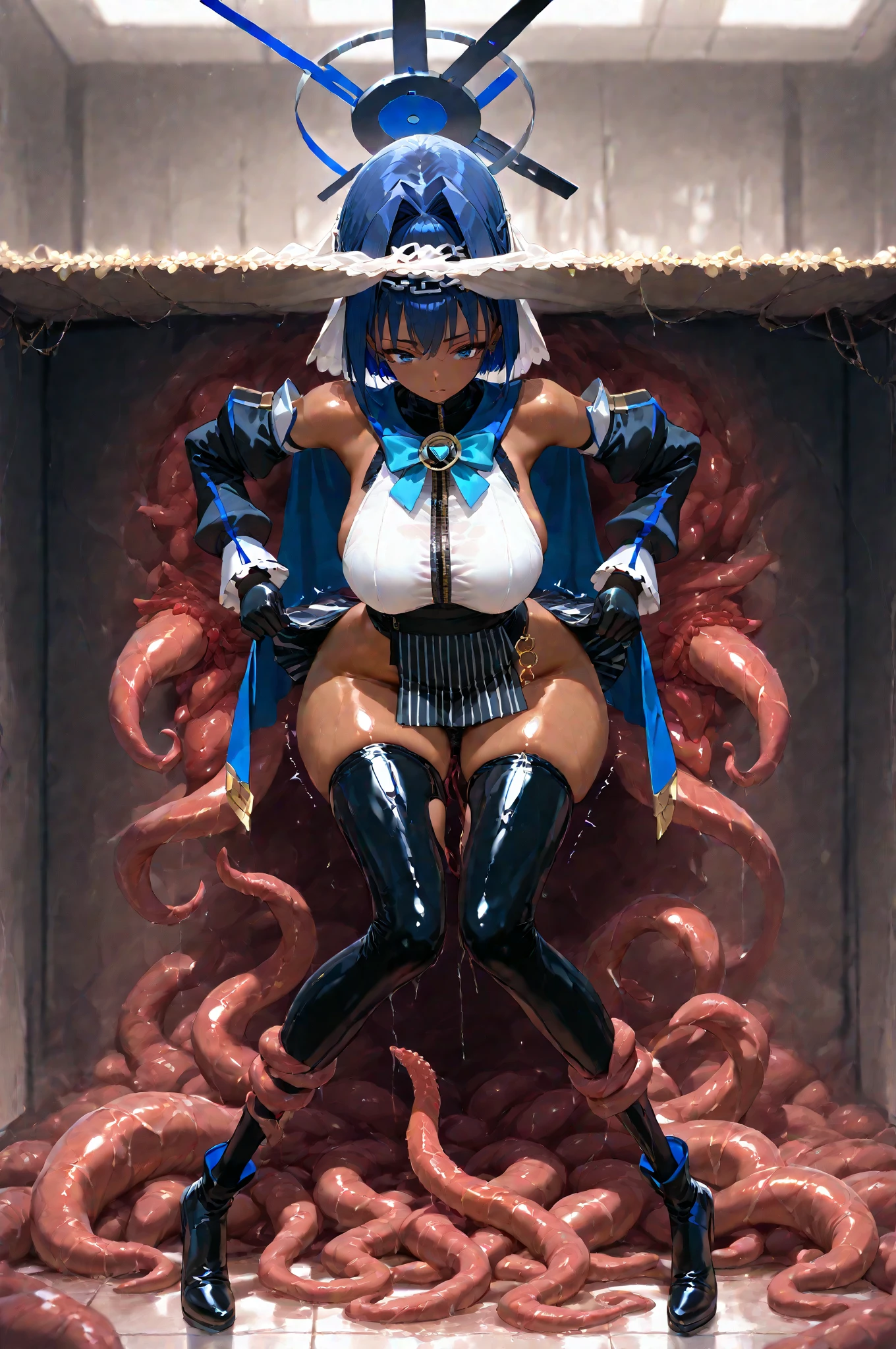 masterpiece、Highest quality、8k、Noise Reduction、Hatsune Miku Vocaloid、Twin tails、Light blue hair、Bright Blue Eyes、Beautiful body、Big Breasts、Ahegao、((Tentacles entering the))、((Completely naked))、((black tights)), {{Embarrassed face}}、((Tentacles wrap around limbs))、((Violated by tentacles))