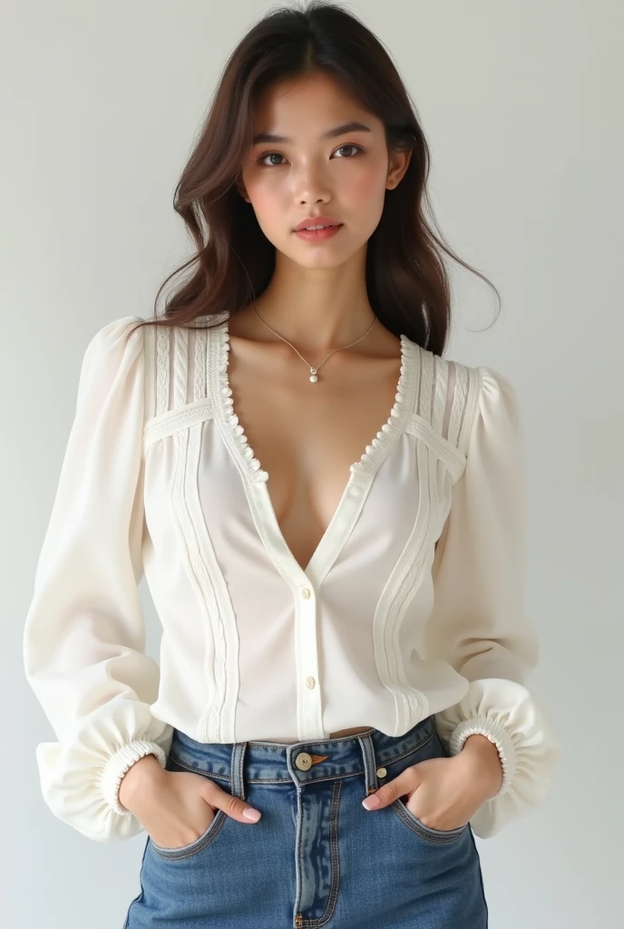 absurdres, RAW photo, extremely delicate and beautiful, masterpiece, Best Quality, ultra high resolution, 32k, hyperrealistic, ultra-detailed, perfect anatomy, super Detailed skin, perfect figure, Super Beauty, Perfect Style, Perfect balance, Beautiful Lighting, Perfect Lightning, Realistic Shadows, 20 years old, very Slim body, narrow waist, very small head, very small face, delicate facial features, handsome detailed woman, very detailed eyes and face, realistic face proportions, Realistic beautiful face, Realistic beautiful eyes, tearful mole, earring, very huge round breasts, legs, medium hair, full body shot, indoor, (Practical pirate clothing), Long-sleeved pirate top, Skirt,Torn pirate hat,