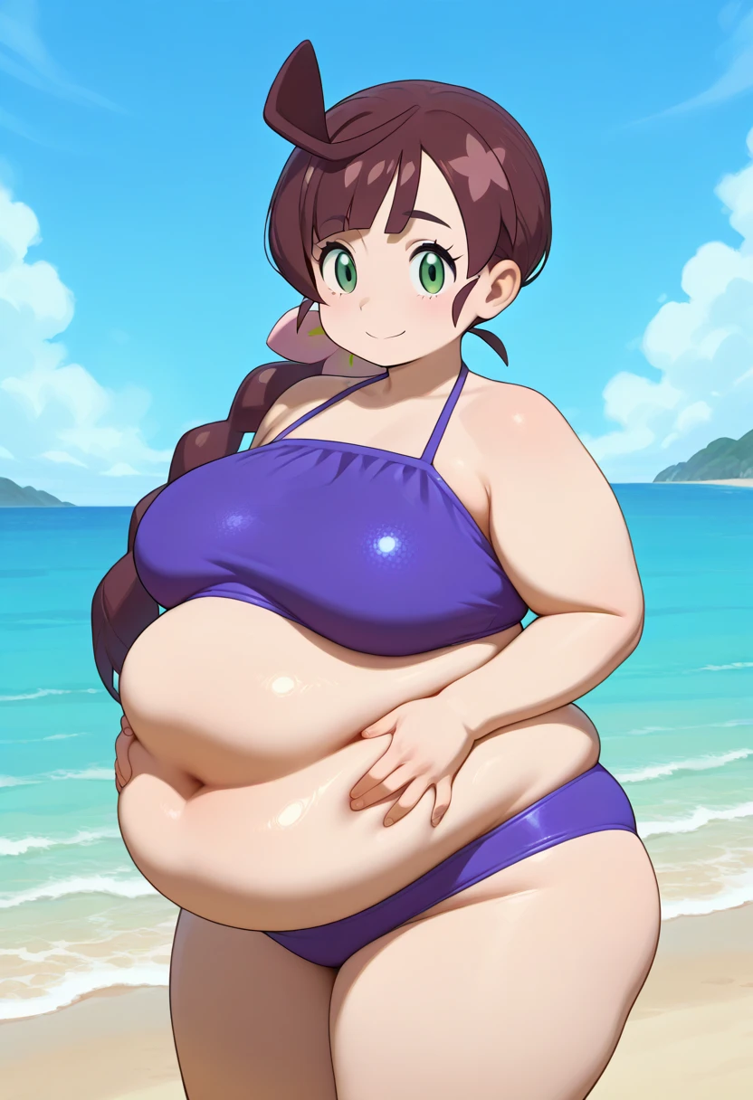 ((kipteitei)), ((masterpiece)), (((best quality))), ((ultra-detailed)), (((illustration))), detailed face, ultra cute face, detailed body, ((Line art)), (in the style of cell shaded), (vivid colors), skindentation, ((1girl)), ((solo)), medium hair, brown hair, blue eyes, ponytail, purple side tie bikini, undersized bikini, hand on hip, wet, looking at viewer, cowboy shot, (blushing), shy, embarrassed, standing on beach, medium breasts, perky breasts, ((wide hips)), (((thick thighs))), thicc, ((fat ass)), (pudgy),