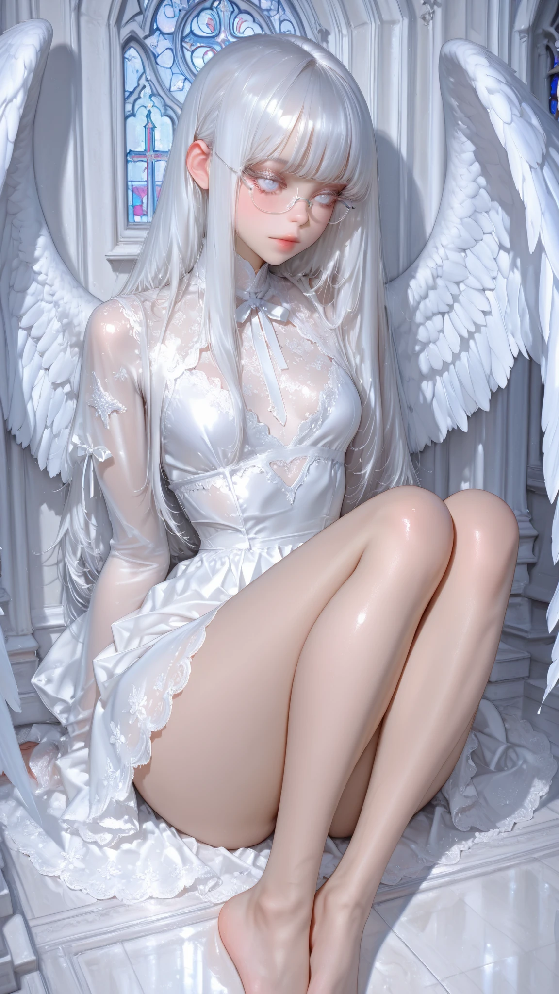Beautiful 13 year old girl in a transparent white mini dress Realistic photo of extremely beautiful girl with angel wings on her back and devil horns on her forehead armed with a shotgun in a Mexican town at night