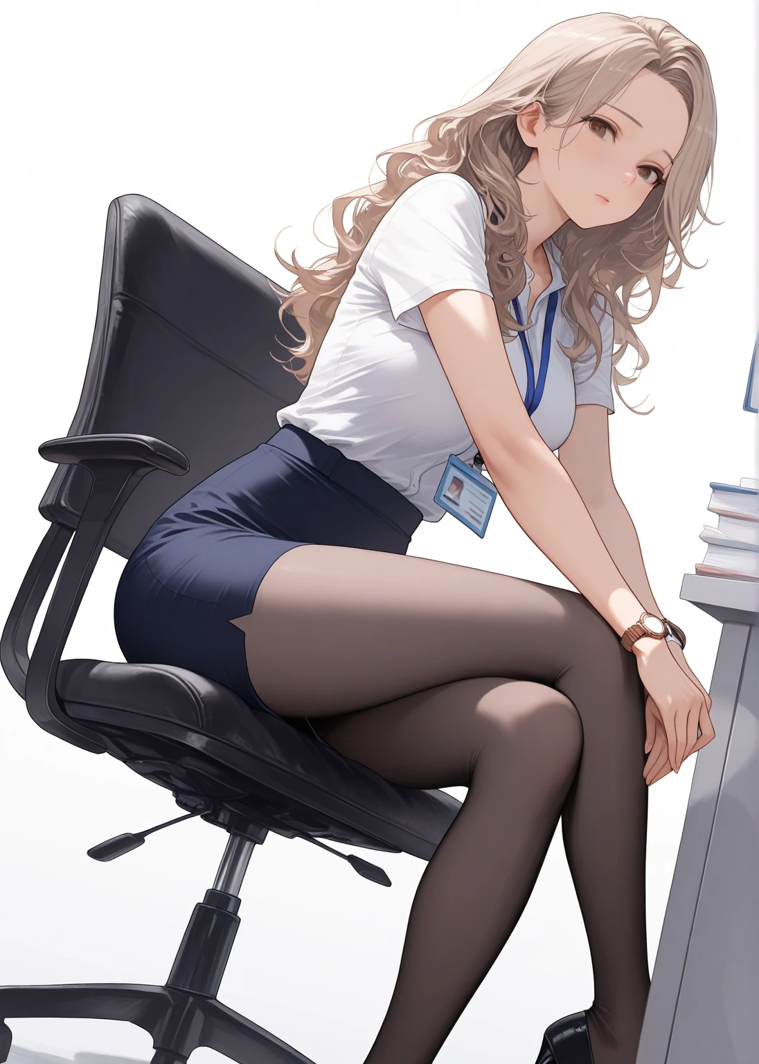 anime girl sitting in a chair with a laptop in her lap, In pixiv, seductive anime girls, Realistic schoolgirl, Office Clothes, anya from spy x family, (BMX) safe for work, sat at her desk, Smooth Anime CG Art, In the office, Ecchi Anime Style, Ecchi, ; visual novel, pixiv 3dcg, pixiv