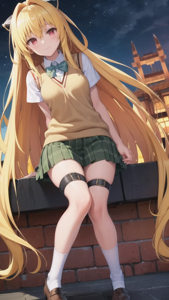 (masterpiece:1.6, best quality), (finely detailed beautiful eyes: 1.2), phyami, yamisch, 1girl, long hair, solo, school uniform, hair ornament, hair between eyes, two side up, blonde hair, very long hair, skirt, red eyes, thigh strap, sweater vest, plaid skirt, plaid, socks, two side up, hair ornament, pleated skirt, kneehighs
,