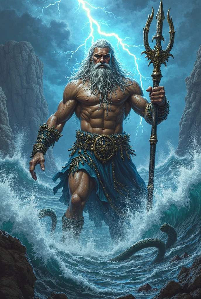 Poseidon, muscular, long beard, trident, crown, flowing robes, seaweed hair, glowing eyes, regal, ancient, dynamic,dramatic,cinematic,highly detailed,4k,realistic,photorealistic,professional lighting,chiaroscuro,dark,gritty,grunge,powerful,intense,epic