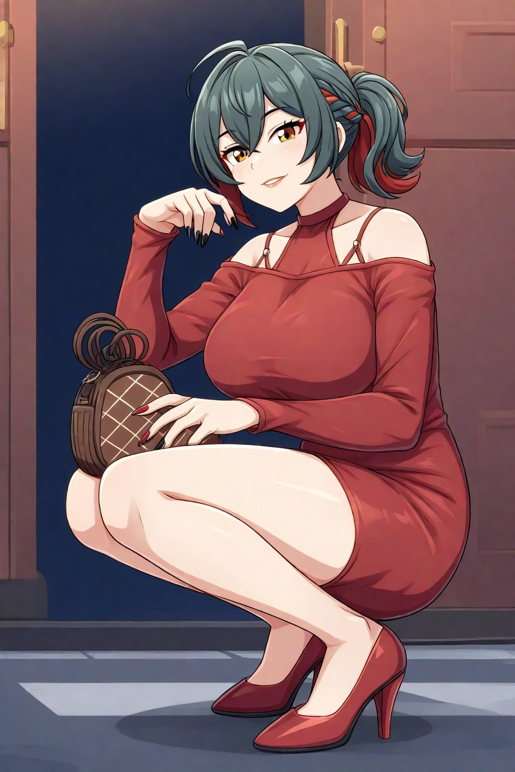 (((Masterpiece))),(((Super Detail))),(((in 8K))),(((best composition))),(((Rim lighting,Fireglow effect,deep shadow))),solo,(Hatsune Miku:1.0),Beautiful fingers,Detailed finger features,(Detailed hair features:1.7),(Dynamic and sexy bending pose:1.3),detailed facial features,detailed clothes features, (perky chest:1.1), (pointed chest:1.3), delicate beautiful face, Bright blue eyes, cute eyes, sparkling eyes, Big eyes, beautiful detailed eyes,double bun with glittering hair ornament,(super detailed glossy skin:1.3),slender body,tits,goddess smile,((with sparkling eyes and a contagious smile)),beautiful posture,have a cup of coffee,black hair, red eyes, dress, bare shoulders, jewelry, collarbone, sidelocks, hairband, earrings, indoors, off shoulder, sweater, arms behind back, plant, short hair with long locks, white hairband, off-shoulder dress, sweater dress, off-shoulder sweater, red sweater, big side hair, very long side hair,(super delicate floral pattern:1.2),seductive cleavage:1.3,beautiful glossy legs,shiny red high heels,lifting dishes with cakesd,french restaurant,hustle and bustle,rising steam,(((depth of fields)))