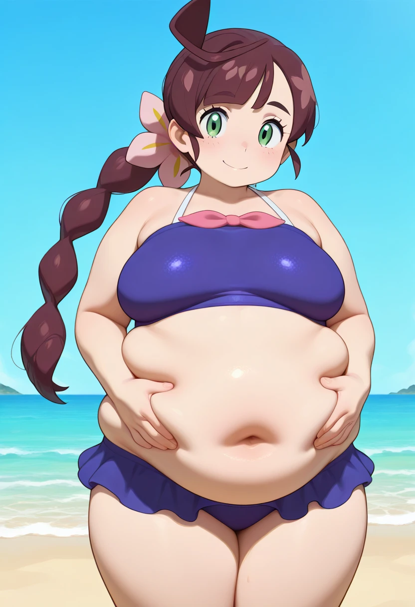 Full body,Solo,1girl in,(huge-breasted:1.2),bikini of,((Spilling out of clothes:1.3)),the beach、Dazzling smile、Strong sunshine、(Plump:1.1),