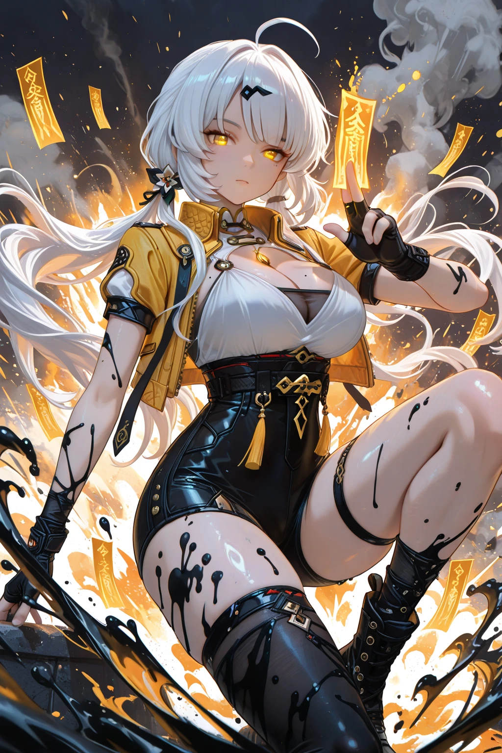 1 girl, adult woman, Alone, g0ld3mb, air, (platinum blonde hair) hair, hime cut, (kawaii hair clips:1.2) high quality, Best Quality, high resolution, High detail, (airen aura magic), hair uplifted, horns, neeko, purple hair, sexy, full body, skinny body, hips window, sexy, ????? legs, midriff, light grey skin, drooling, light purple saliva, corrupted, curious look,