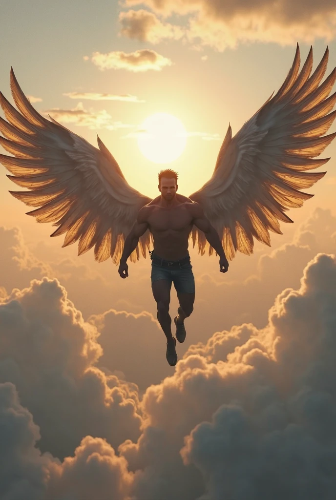 A flying man, digital art, highly detailed, cinematic, dramatic lighting, epic, realistic, photorealistic, 8k, hyperrealistic, hyper-detailed, sharp focus, intricate details, chiaroscuro, dramatic shadows, volumetric lighting, muscular male body, wings, soaring through the sky, powerful, majestic, awe-inspiring, heroic pose, intense expression, dynamic composition
