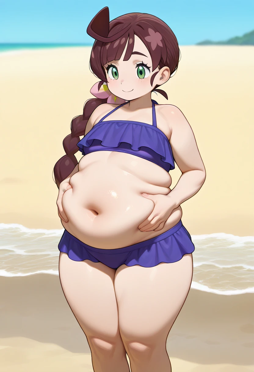 "hmmarnie, obese child, (masterpiece, Highest Quality) , flat chest, fat belly, thick thighs, fat arms, big cheeks, with aqua eyes and a green ribbon, possesses model-like looks. She appears slightly embarrassed, wearing a hair flower, earrings, jewelry, and a halterneck. She also adorns a bracelet and reveals her navel in a pink frilled bikini, complemented with a sarong. The setting is a sunny beach, where sandcastles are being built.", 4K