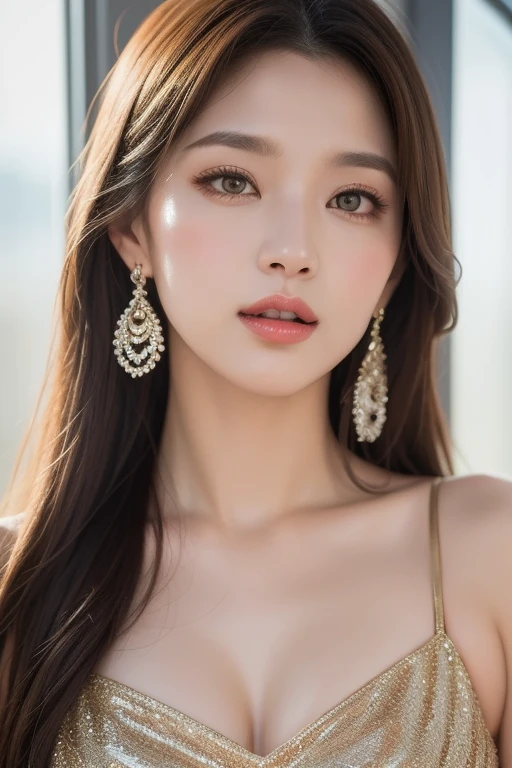 highest quality、Realistic、Photorealistic、Very detailed、Very delicate and beautiful、RAW Photos、Professional Lighting、Facial Light、Written boundary depth、Focus Only、Esbian all over,1 female (Beach at night):1.4)、Brown haired、Brown eyes、Small Head、Beautiful Eyes、Dark eyeliner、Very large breasts、True Face、Real Skin、A vivid face、Realistic Skin、Detailed eyes、Detailed facial features、Detailed characteristics of the garment、(Fashion Clothing:1.3) ), (Fashion Hairstyles: 1.3)、 Looking at the audience, Simple Background, Magnificent face and big, Beautiful Teeth、Cleavage