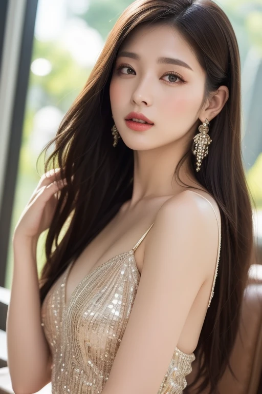 masterpiece,highest quality,higher rank,(美人woman_woman:1),(golden dress:1.3), (35 year old beauty:1.3),、big and full breasts big big breasts ,hyper real,I'In illusions, glittering palaces of europe.,美しいwoman,、セクシーなwoman、Delicate skin texture to the smallest detail、detailed blue eyes (very big big big tits)、中年美人woman、(((Fluffy long blonde hair)))、(((Very big, big, big cleavage)))、big cleavage、豪華に装飾されたgolden dress、Gorgeous and glamorous gold tiara、flashy gold high heels、Solid gold and jewelry necklaces and collars、Large gold earrings、bright red lips、豪華なgolden dressを着ている、Golden Long Globe、She is very beautiful、(Attend a lavish party)、