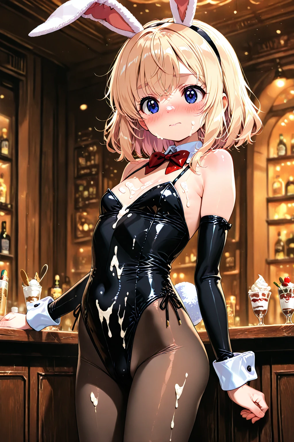 (masterpiece), best quality, expressive eyes, , , flat chest, perfect face, 1girl, blue eyes, latex gloves, pink latex playboy strapless bunny leotard, glasses, translucent latex, blonde, latex thighhighs, twin tails, pink latex elbow gloves, drunk, blush, alcohol bottle, slave collar, happy, womb tattoo,