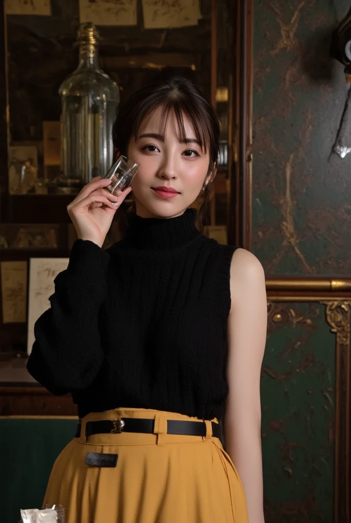 (((One girl:1.3))), ((23 years old:1.3)), (She is my daughter), break (Surprised Smile:1.2), ((Medium large breasts:1.3)), (Accentuated breasts:1.3, Movie chest, Shapely breasts:1.1, Perfect body), break (neat fashion:1.3), (white-theme:1.3), (High neck sleeveless sweater:1.3), ((Gold Necklace:1.2)) break pleated skirt((color : green + Silver) high waist, (pattern : Plaid)):1.3), break (Standing leaning against the rail(color : white) wooden deck(Outdoor, open minded) Glamping Tent ((Gorgeous themes, Transparent Dome Tent, Great atmosphere, Great lighting, Transparent dome tent surrounded by nature)):1.3), ((Long Shot:1.5)), ((At night:1.7)), break ((Her serious expression、Create a photo that conveys the feeling of a relaxed and happy moment.:1.3)), break (colorあせた写真:1.3), (Film Grain:1.3), Depth of written boundary, (Bokeh:1.1), (Light and shadow:1.4), ((Cowboy Shot:1.2)), ((From below:1.2)), ((Focus on her:1.2)),
