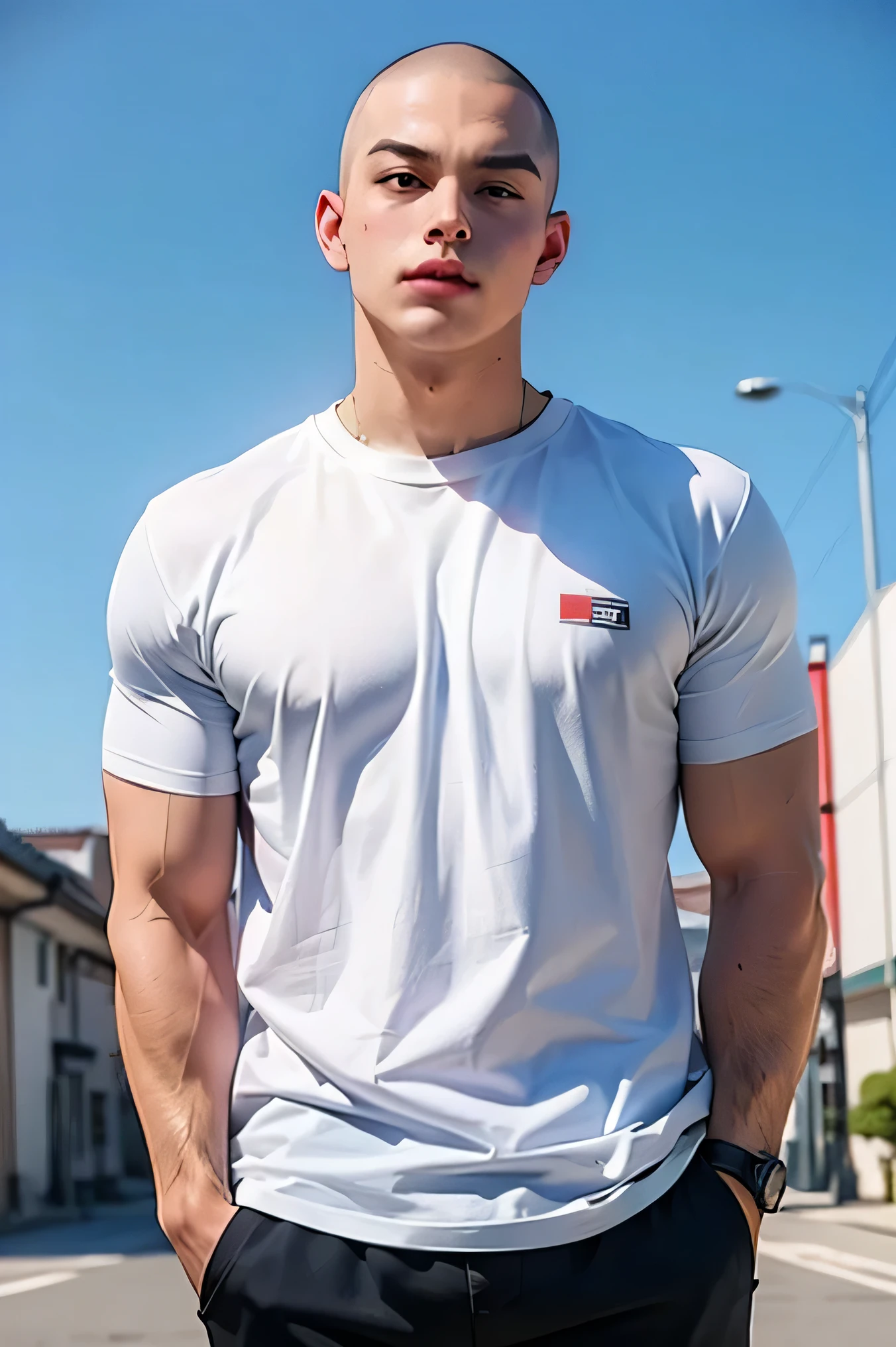 (Create a masterpiece: 1.2),(CGI art:1.3),(realistic:1.5),(After processing:1.3),(Sharp focus:1.3), 1 male model, smile, (Wear a white round neck t-shirt.), Jeans, Korean people , korean men, (high glossy details), looking at the audience, Balancing the eyes, chest muscles, large arm muscles,, The backdrop is a garden.