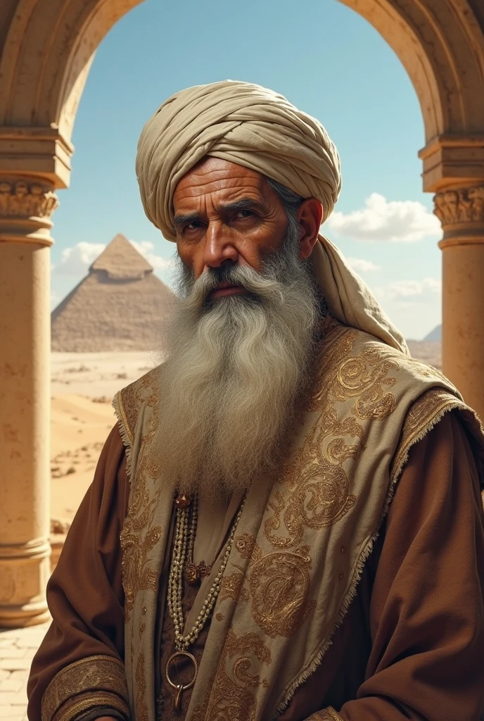 An avatar of a fake handsome sheikh character resembling our effendi in his fifties from ancient Egypt, wearing a red fez with a white thread hanging from it, a very thick white mustache and beard, wearing a black shirt, a picture from the chest area