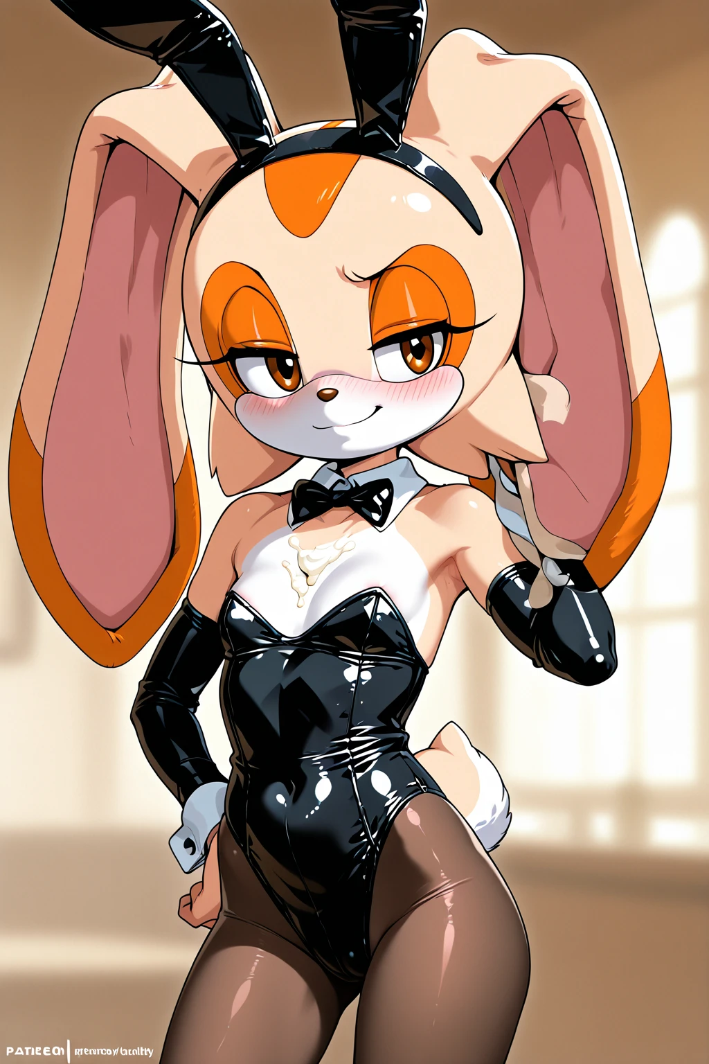 alone, score_9,score_8_up,score_7_up, anthro female flareon, wearing bunny suit, bunny ears, standing, indoors.