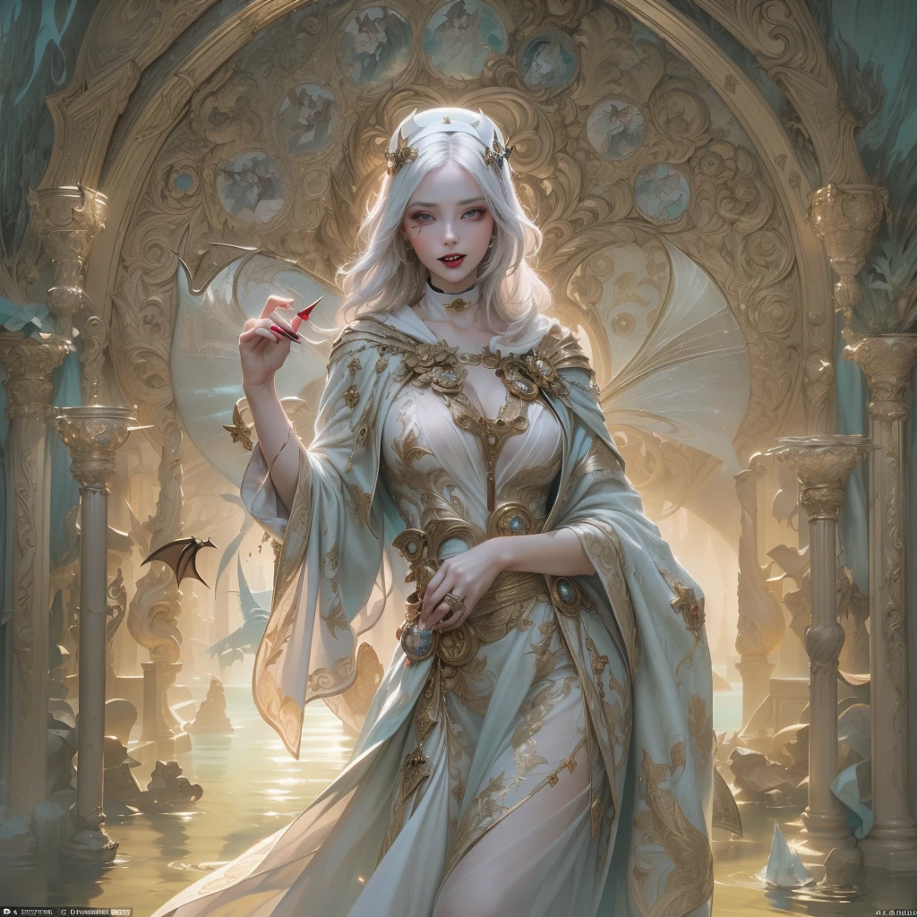 1 magician woman, expressive black eyes, elf ear, white hair, black patterned drape, slightly nude dress, using his fire magic , full length portrait , mystical interior atmosphere in background, detail richness, masterpiece, best quality