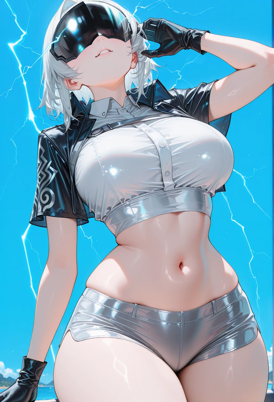 best quality, 32k, RAW photo, incredibly absurdres, extremely detailed, delicate texture, beautiful lady, (close one eye:1.1), (out your tongue:1.3), happy, shy, smile, iridescent platinum-blonde messy pixie cut hair, wearing crop top, shorts, abs, superlative body proportion, black engineer boots