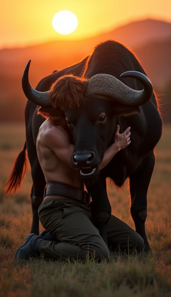 A young man without a shirt in boxers, with a well-formed naked bull with black hair red eyes handsome