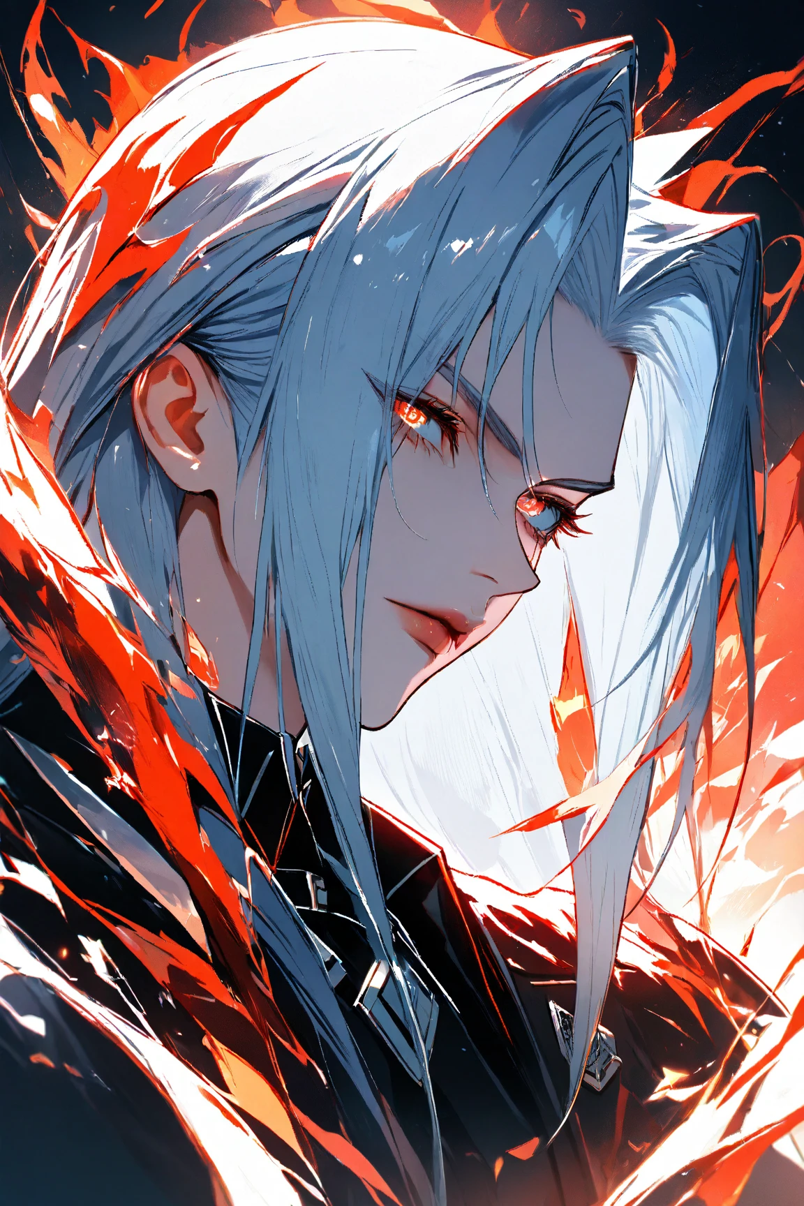 Black guy white hair ambar eyes dragon fire halo pyro